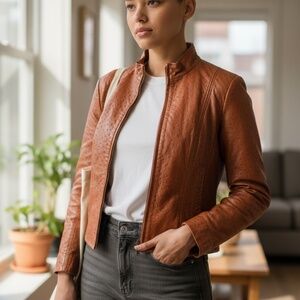 Underground Ostrich Leather Women's Soft Cognac Bomber Mock Jacket, Large